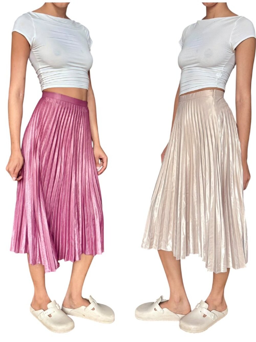 Haute Monde Metallic Pleated Midi Skirt Bundle Champagne + Magenta Satin Small